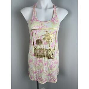 Miken Swim Yellow Pink Tie Dye Gold Beach Print Swim Cover Up Small
